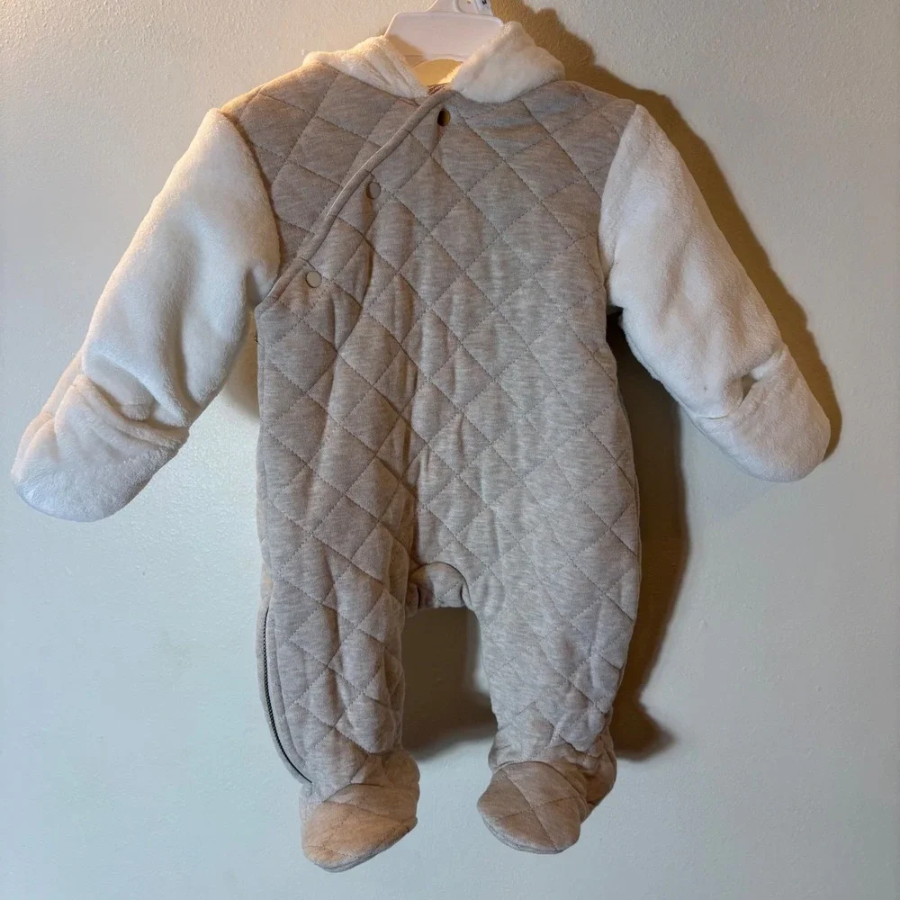First Wish‎ Baby Quilted Pram Suit Hooded Oatmeal Cream 3-6M NWT
